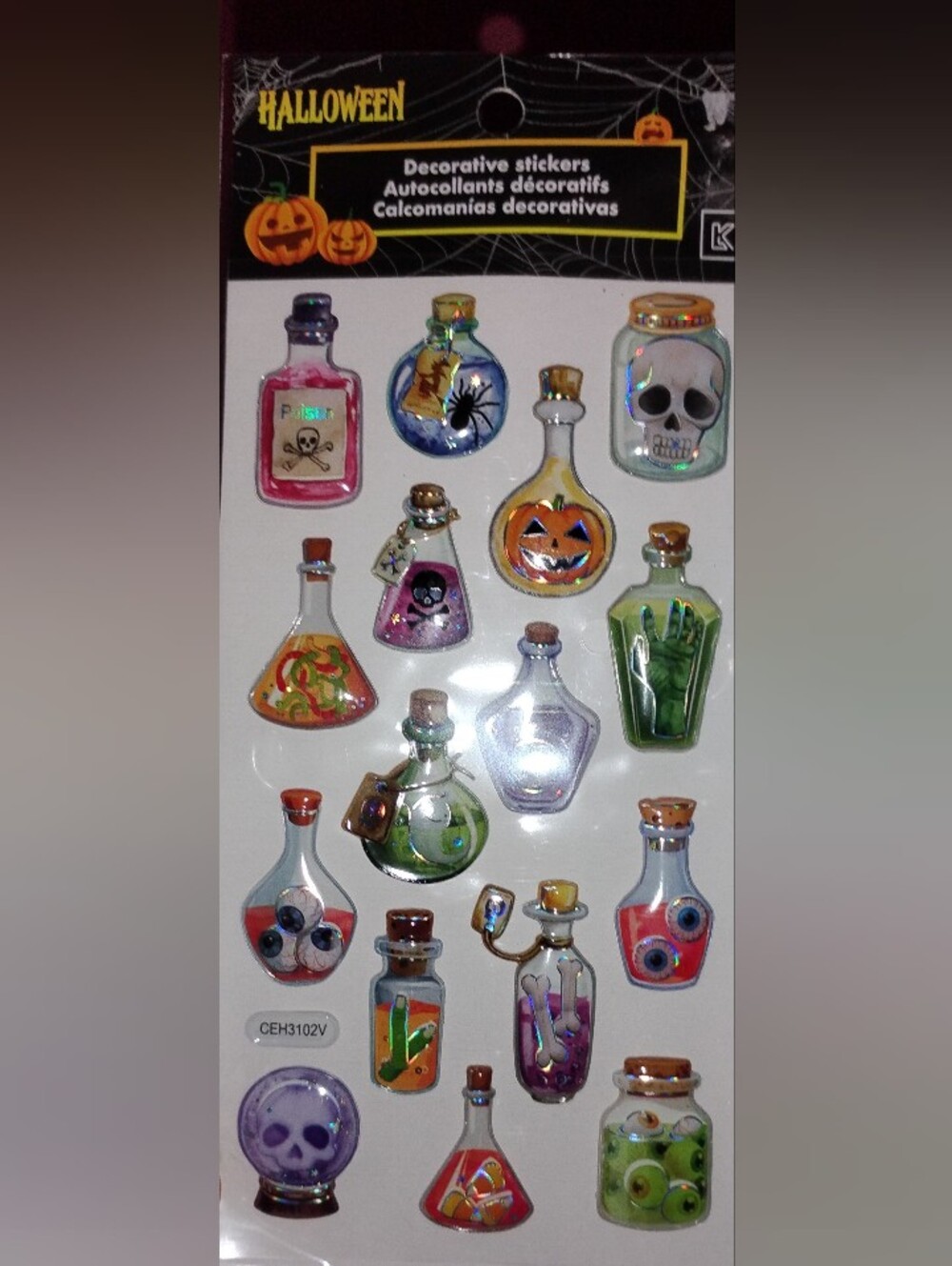 Halloween Potion Bottle 3D Sticker Sheet - Green, Orange, & Purple